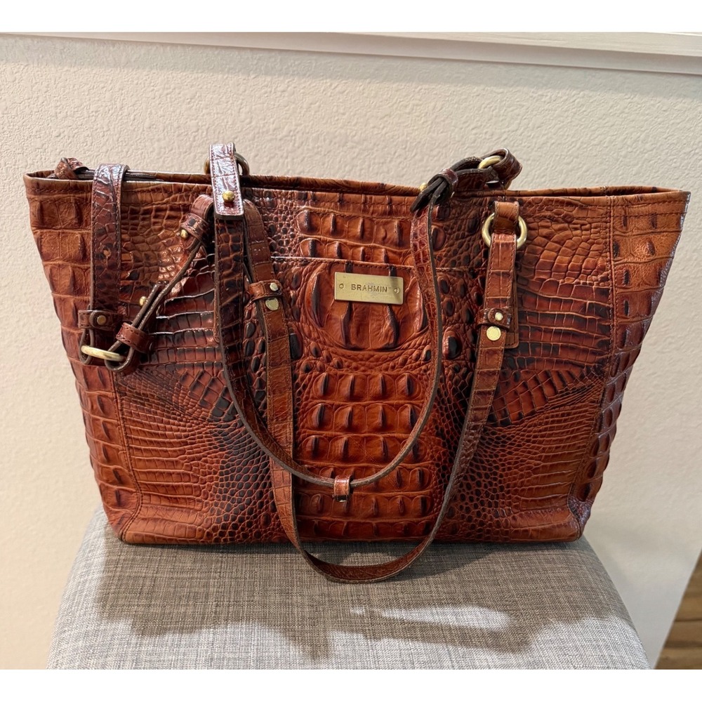 Brahmin Pecan Melbourne Croc Embossed Leather Tote Bag Brown Gold Hardware